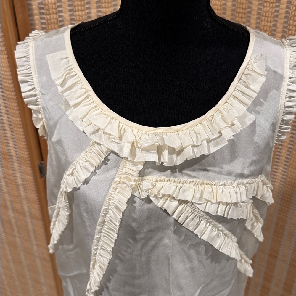 J. CREW IVORY RUFFLE SILK SLEEVELESS BLOUSE (8) - Picture 2 of 7